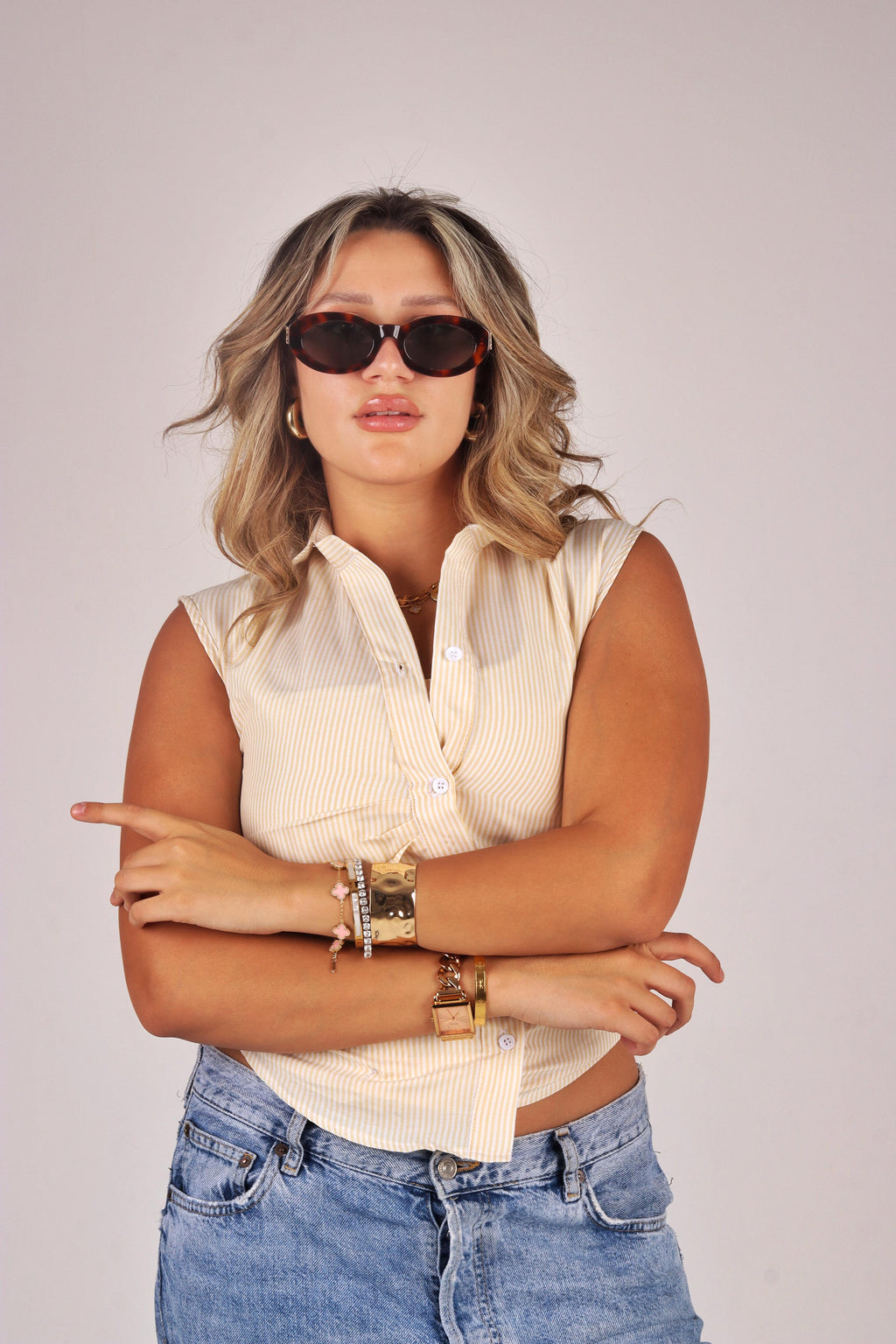 Sleeveless-Foldover Striped Shirt